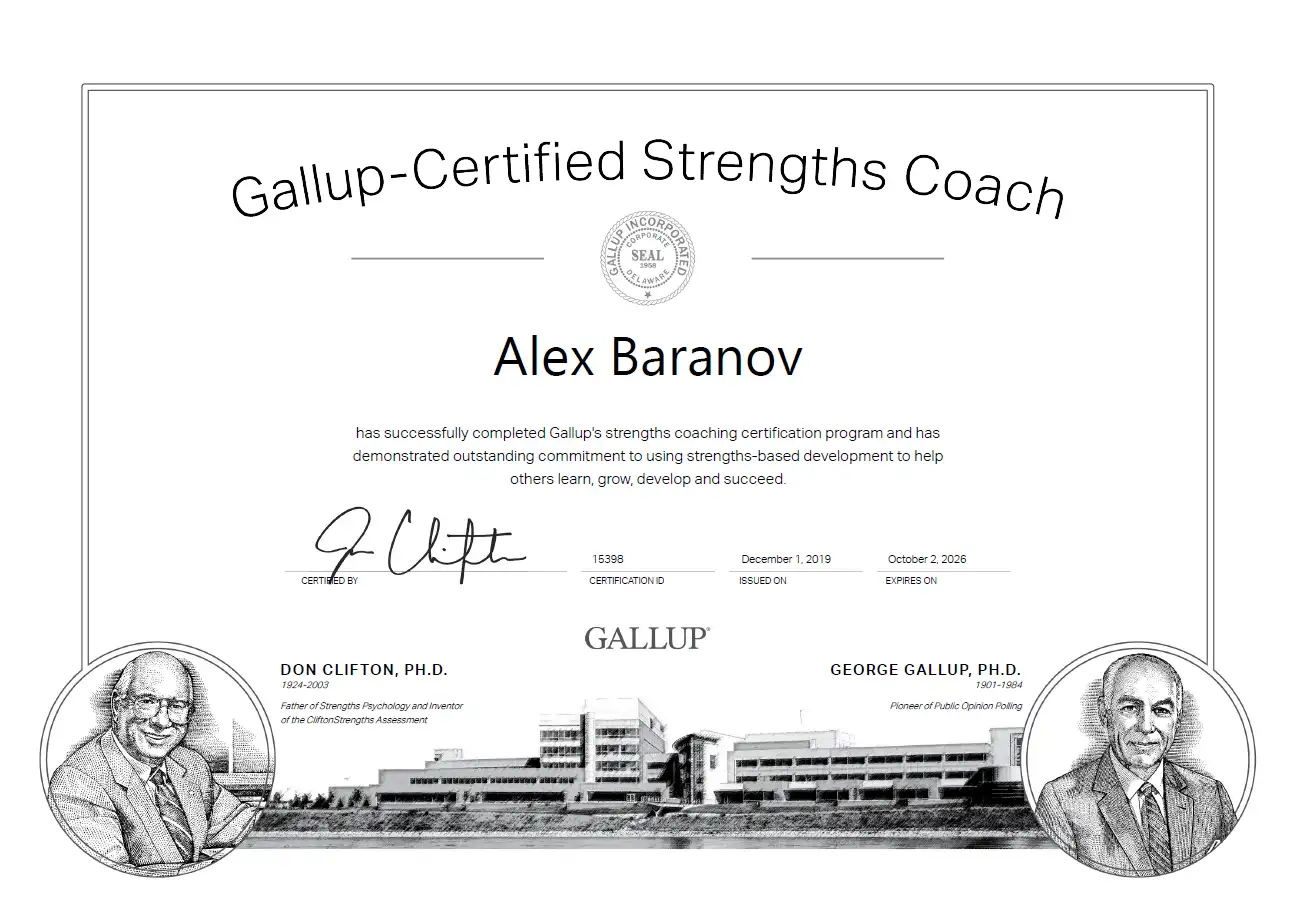 Официальный сертификат о том, что я успешно сдал экзамен по методологии Gallup StrengthsFinder и провел ряд коучинговых сессий, которые мои подопечные отметили оценкой Отлично